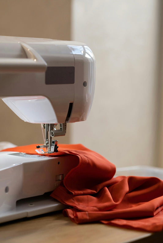 Naaimachine waarmee een stuk oranje stof wordt hersteld