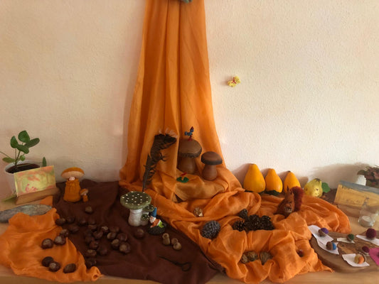 Herfstseizoenstafel op school met kastanjes