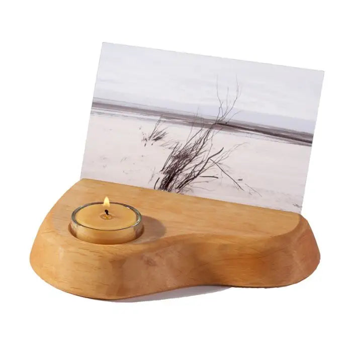Houten fotohouder met bijenwas theelicht, onderdeel van het Advent en Kerst Pakket - Waldorf Winkel